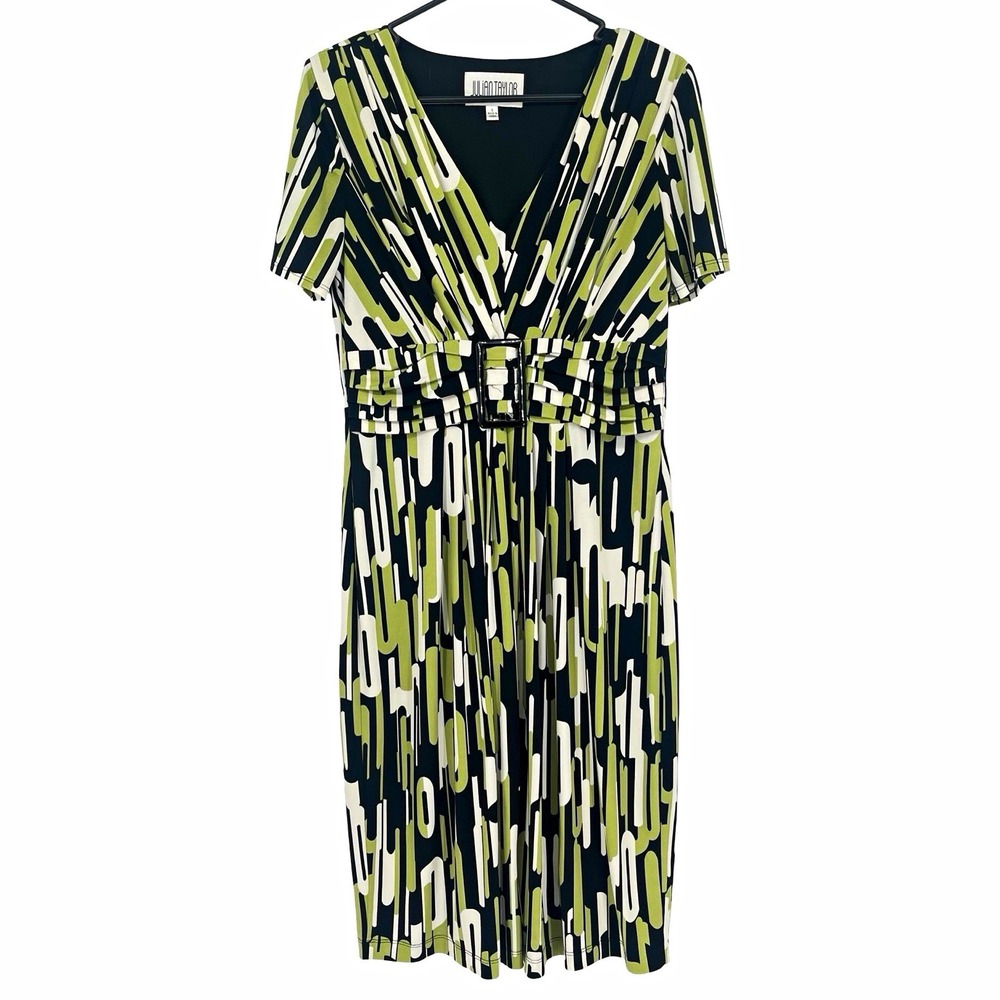 Julian Taylor Dress Women's 8 Green Black White Abstract Print Belted V Neck